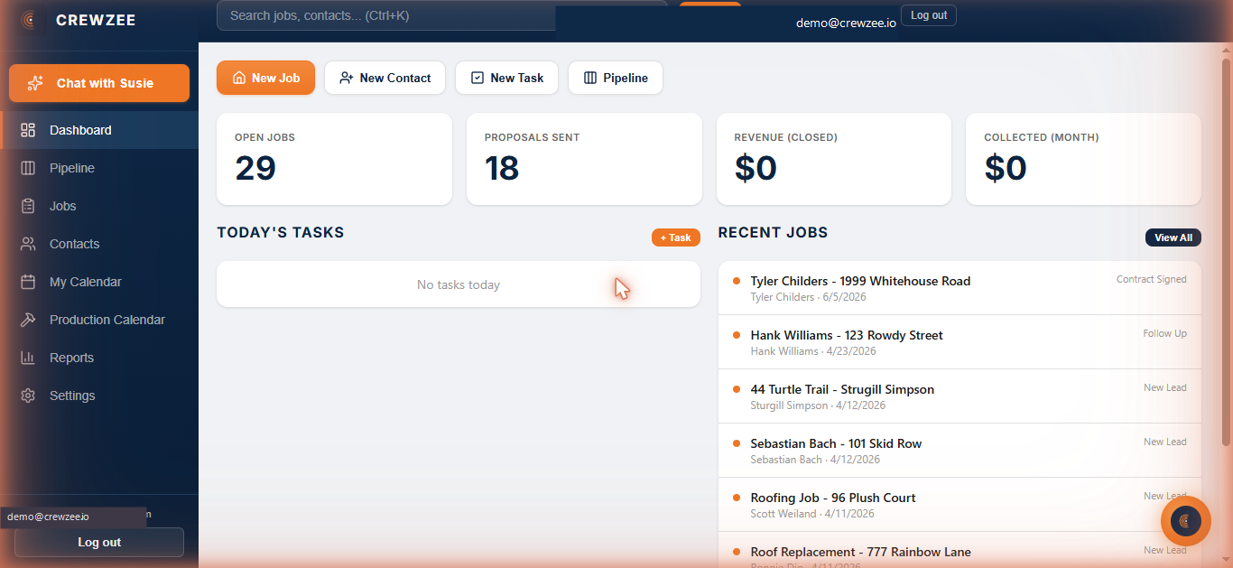 Dashboard with KPI cards, overdue invoice alerts, recent jobs, and today's tasks