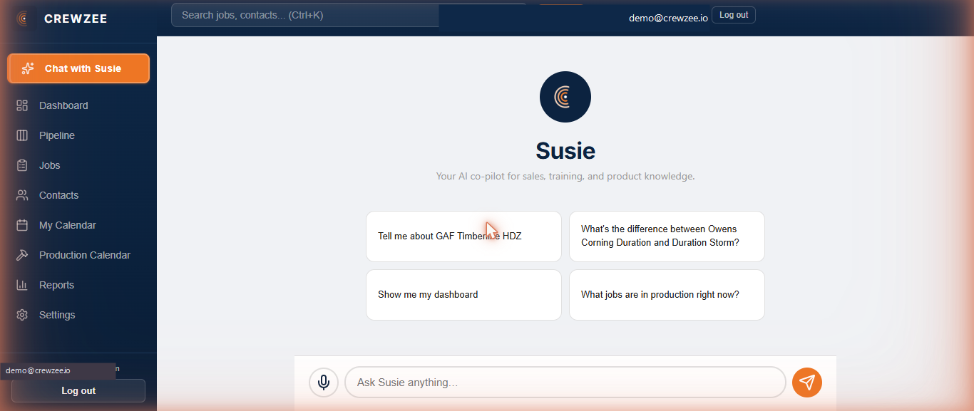 Susie chat overlay showing proposal status and SMS send