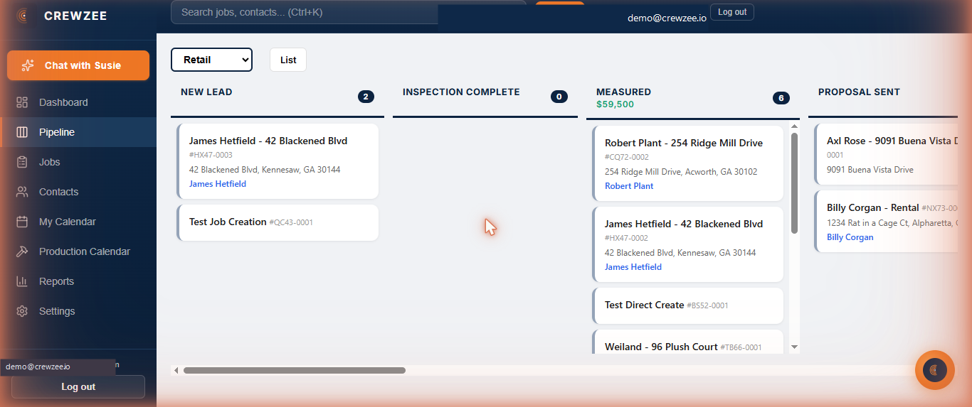 Drag-and-drop kanban pipeline board showing job cards with column totals