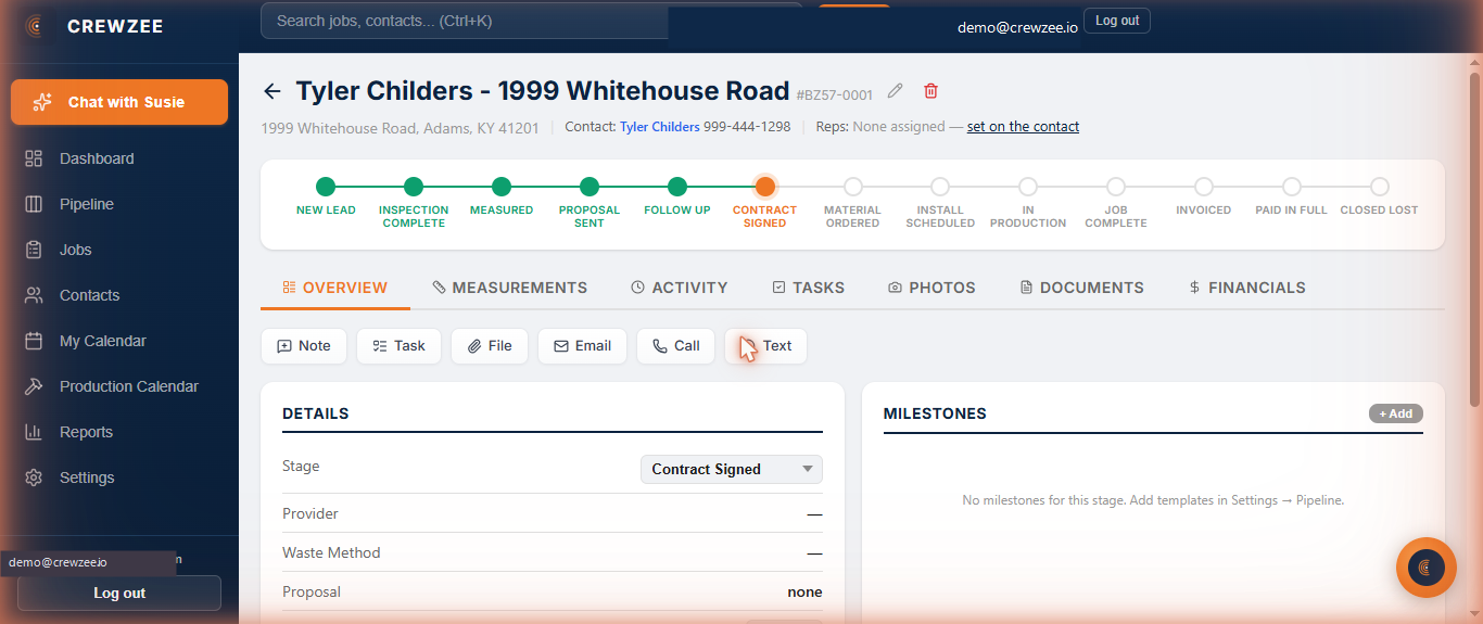 Tabbed job detail screen showing overview, activity, tasks, and documents