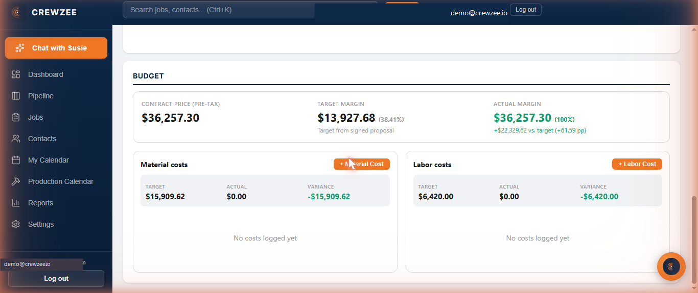 Crewzee job-cost tracker showing target vs actual margin, material and labor variance