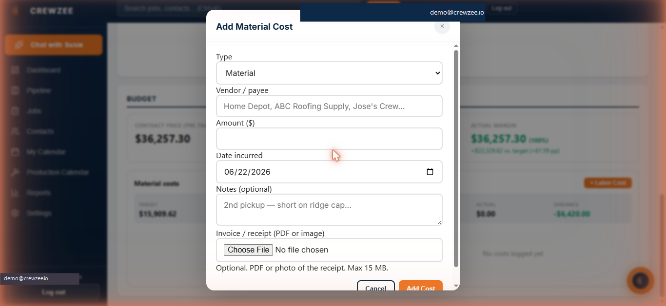 Add Material Cost modal with vendor, amount, date, and invoice upload fields